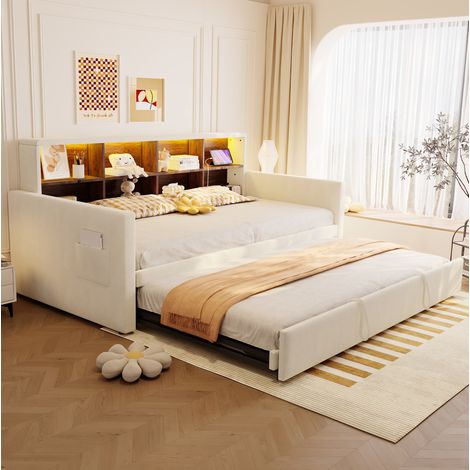 REDOM - Cama infantil 90x190 con USB y espacios de almacenaje, terciopelo, beige (Sin colchón) (1/5)