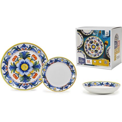 TrAdE Shop Traesio - Set Servizio Di Piatti In Porcellana 18 Pz Decorazione A Fiore Classica Maiolica Da Tavola - (1/2)