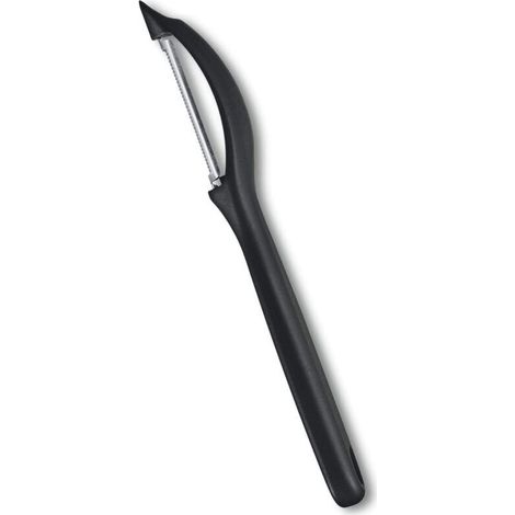Éplucheur universel pour fruits et légumes, extra tranchant, bord denté, double tranchant, poignée ergonomique, noir (1/4)