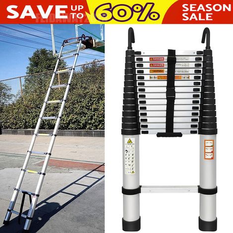 4.4M Telescopic Ladder with Roof Hook Kit Aluminium Portable Multi-Purpose Folding Portable Heavy Duty Multi-Purpose Aluminium Telescopic Ladder Extendable