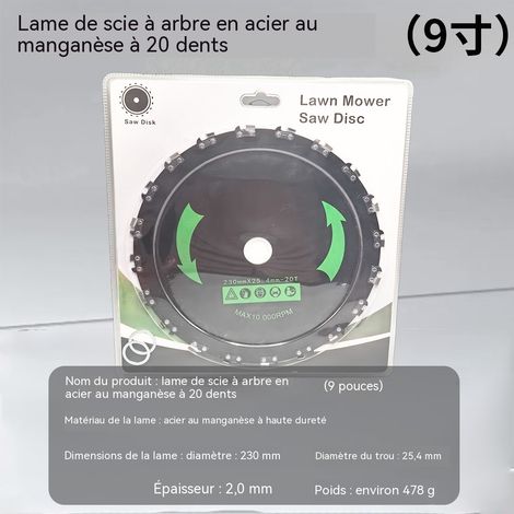 Disque de scie à chaîne 20 dents en acier au manganèse, diamètre 230mm alésage 25.4mm épaisseur 2mm, lame de scie pour bois et arbres, pour débroussailleuse