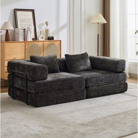Sofá cama modular plegable de chenilla, negro, 2 plazas, sin montaje, MODENUIT (1/5)