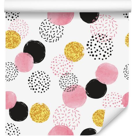 Papier peint à pois noirs, roses et jaunes pour salon et chambre 50x1000 cm (1/5)