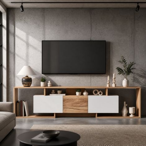 Meuble TV bas 180 cm blanc et bois avec 2 portes abattantes, 1 porte latérale et 3 niches (1/5)