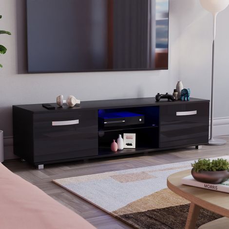 Cosmo LED TV Cabinet Stand 2 Door Modern High Gloss Cabinet Unit, 140cm-Black