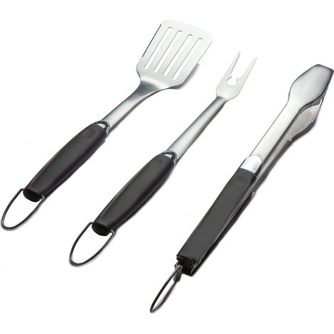 Juego de 3 utensilios de acero inoxidable para barbacoa: pinzas, espátula y tenedor. Accesorios completos para barbacoa y parrilla. (1/3)