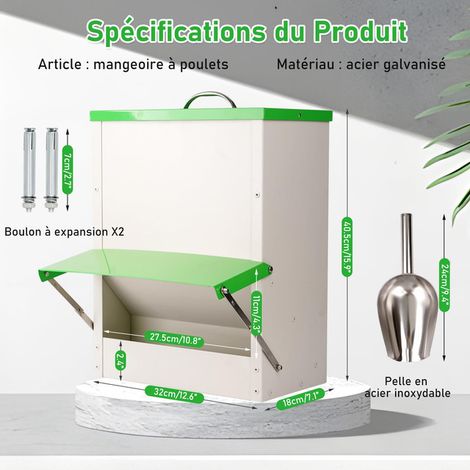 Mangeoire à poules automatique en acier galvanisé avec toit anti-pluie pour volailles, capacité ajustable pour poulailler, installation murale facile, doseur de grain efficace pour éviter le gaspillag (1/5)