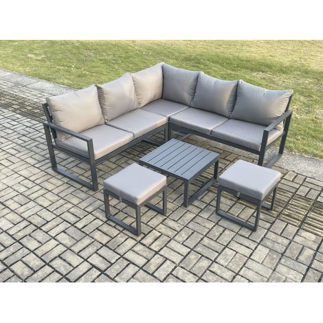 Fimous Outdoor Garden Furniture Set Aluminium Lounge Sofa Square Coffee Table Sets with 2 Small Footstools Indoor Conservatory Set Dark Grey (1/5)