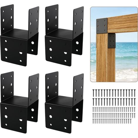 4 pcs Connecteur solive 4"x4" (3.5"x3.5") - poteau pergola Support tige chapeau poteau pergola ext., Connecteur ferme-poutre, Équerre toit linteau, Noir (1/5)