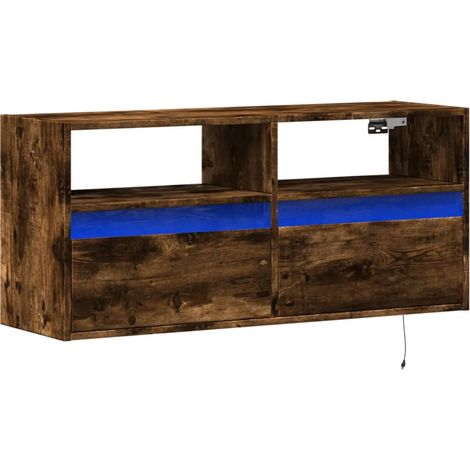 Mueble TV multimedia estante para televisión buffet para televisión comedor salón dormitorio suspendido con luces LED roble ahumado 100 x 31 x 45 cm marrón 020027969