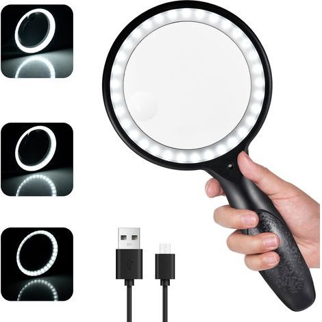Loupe 30x/60x avec éclairage – 33 LED – Pour la lecture, l'examen des détails et l'inspection – Noire (1/5)