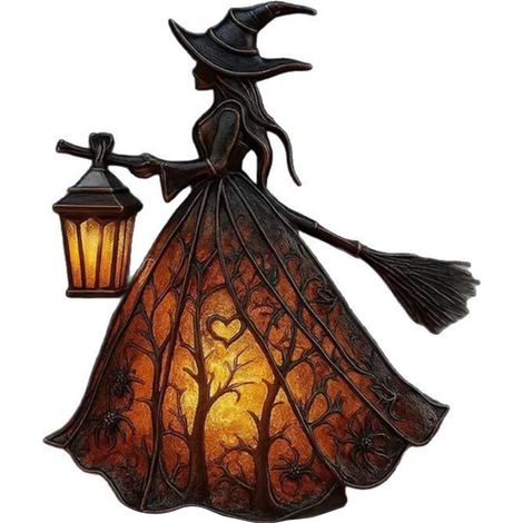 Sorcière d'Halloween en résine à piles fabriquée à la main - Lampe de sorcière en verre teinté - Multifonction - Statue de bureau colorée pour Halloween et décoration d'intérieur - 20 cm (1/5)