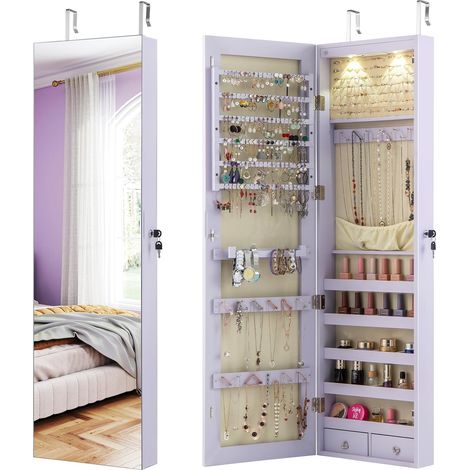 GOPLUS Armoire à Bijoux avec Miroir, Armoire a Bijoux Murale avec Éclairage LED, 2 Tiroirs, Fixer au Mur ou à Suspendre sur Porte, pour Ranger Boucles d'Oreilles et Colliers (Violet) (1/5)