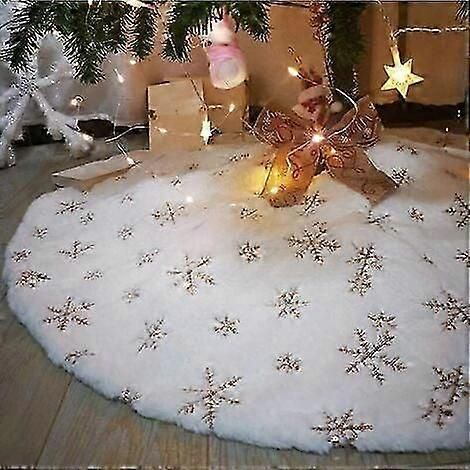 - Jupe de sapin de Noël en tissu peluche - 78 cm - Or - Flocons de neige - Blanc - Tapis - Décoration de Noël pour les fêtes de Noël (Flocons de neige dorés) (1/5)