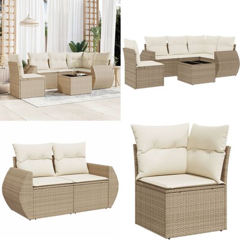 6-tlg. Garten-Sofagarnitur mit Kissen Beige Poly Rattan - Gartenmöbel - Esstischgarnituren - Outdoor Möbel - Lounge Set - Rattan Gartenmöbel - Home & Living (1/5)