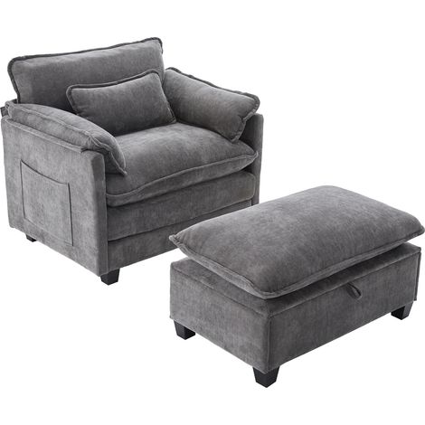 Fauteuil moderne extra grand avec pouf fauteuil de loisirs en chenille avec poches latérales et coussin fauteuil de lecture confortable pour salon, chambre et appartement (chenille grise)