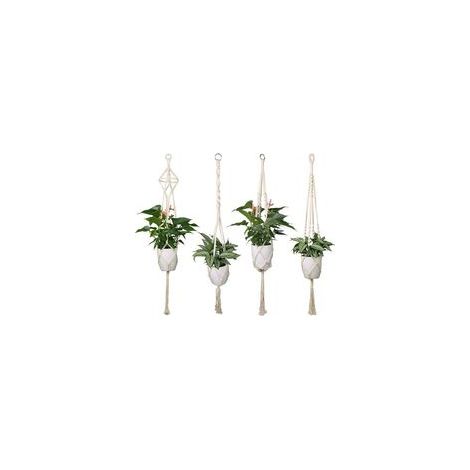 Lot de 4 suspensions en macramé pour plantes – Cache-pots suspendus décoratifs, crochets intérieurs/extérieurs, décoration de jardin et d’intérieur, longueur 104 cm, 4 brides en corde (1/4)