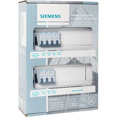 Siemens – Tableau électrique pré-équipé 2 rangées 26 modules 7 disjoncteurs 2 interrupteurs différentiels – Normes NF C 15-100 – Pour logements < 35 m²
