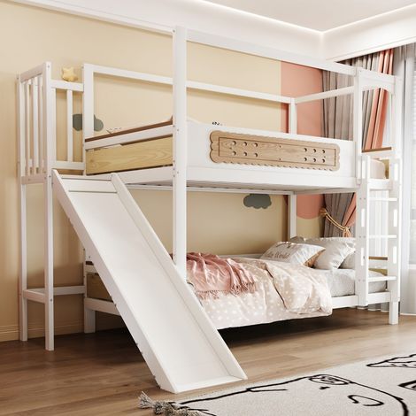 Lit enfant 90x200 cm bois forme maison avec garde-corps biscuits, toboggan et échelle sécurité (1/5)