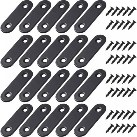 20 Pieces Black Straight Flat Brackets Metal Straight Brackets with Screws for Wood Furniture Cupboard Repair Support 56x16mm