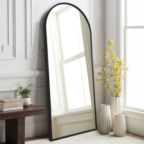 Miroir complet incurvé noir 120 x 40 cm - Miroir mural - Cadre en métal - Cadre en aluminium - Décoration d'intérieur moderne et simple - S'appuie sur le miroir mural pour salon, chambre à (1/5)