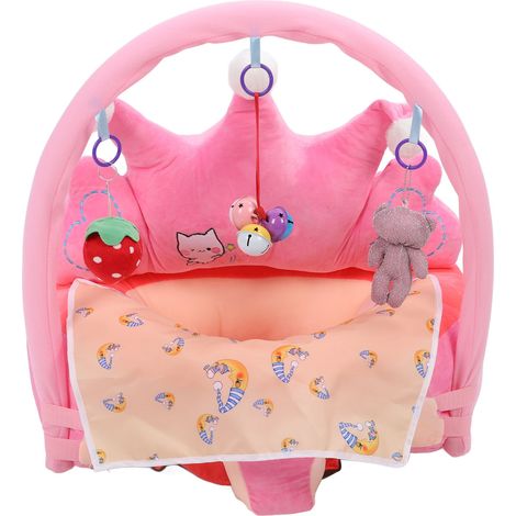 Siège de soutien pour bébé en forme de couronne souple, maintien de la posture assise confortable, apprentissage de la position assise, chaise en peluche avec jouets d'activité, bavoir bave rose (1/5)
