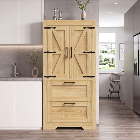 Buffet de cuisine style campagne 60x30x128 cm en MDF naturel, avec rangement pour cuisine FloraGrace (1/5)