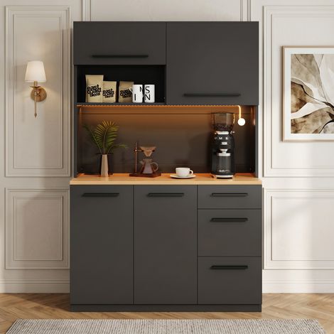 Buffet haut 120x40x180 cm avec porte relevable LED multicolore 2 prises USB A Type C étagères réglables Panneau de particules Noir (1/5)