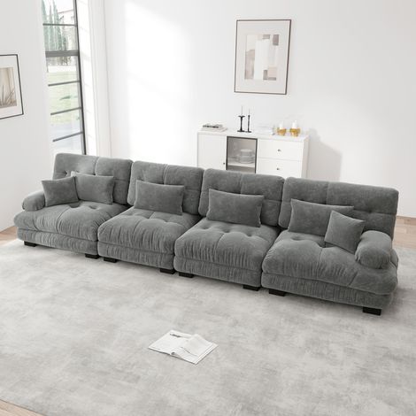 Canapé d'angle convertible 4 places, canapé-lit modulable en tissu gris, assise spacieuse, idéal pour séjour, studio, appartement, bureau. (1/5)