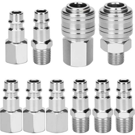 10 Pièces 1/4"BSP Raccord Rapide Européen, Raccords de Compresseur, Raccord d'Air 1/4 Pouce, Raccord Pneumatique, Raccord de Compresseur pour Tuyau Pneumatique(Argent) (1/4)