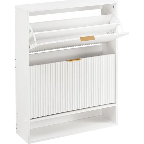Meuble à chaussures 80 x 24 cm avec façade rainurée – réglable en hauteur avec protection anti-basculement et plateau décoratif pour l’entrée, en blanc (1/5)