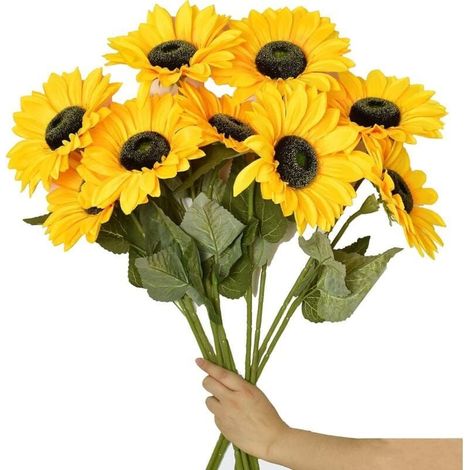 6PCS Grandes fleurs artificielles tournesols avec longue tige Faux tournesols en soie Décoration en vrac pour la maison le mariage l'extérieur (1/4)