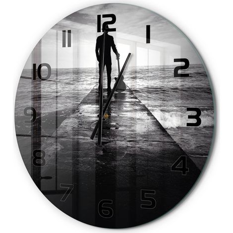 Horloge Murale Ronde Salon en Verre Trempé Silencieuse Moderne et Élégante Guitariste sur la jetée fi 60 cm (1/5)