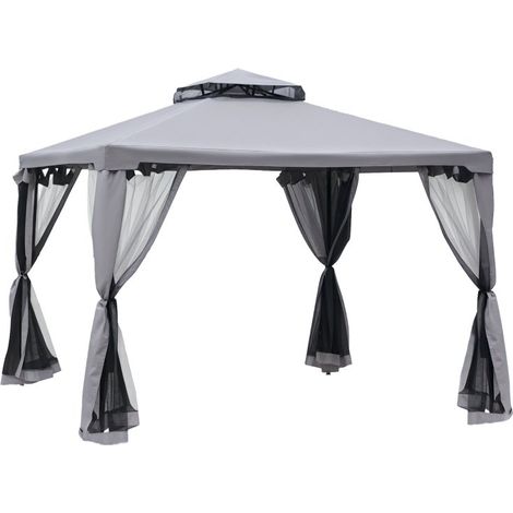 Pavillon 3×3m gris clair structure métallique double toit, équipé de moustiquaires et panneaux latéraux pour jardin