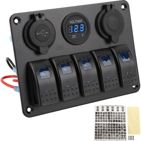 Ortviai Tableau de commande à bascule 5 voies en alliage d’aluminium IP65 avec double prise USB et voltmètre, 12-24 V, bleu (1/5)