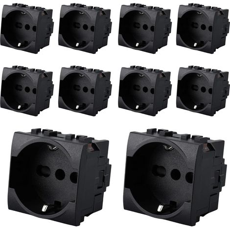 Lot de 10 prises Schuko universelles 2P+T 10/16A 220 V, compatible avec Bticino Living International, couleur noire, occupe 2 modules (1/5)