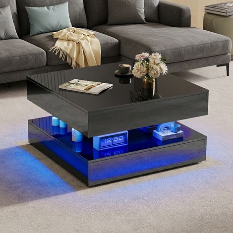 Table basse brillante avec LED table de salon moderne avec rangement, table basse de salon avec 2 tiroirs, table d'appoint carrée pour salon, chambre à coucher, noir (1/5)