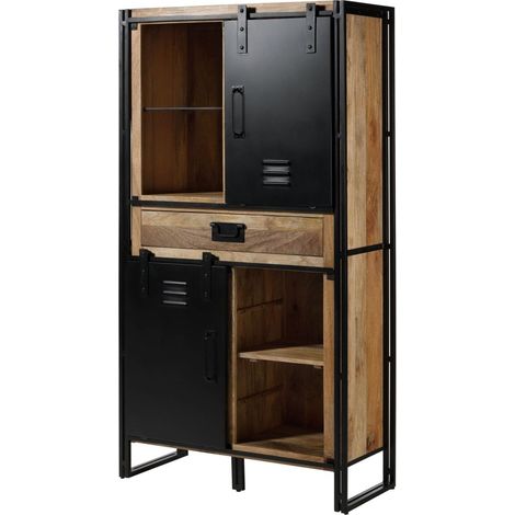 Massivmoebel24 – Buffet en bois de manguier 105x45x195 cm – Laqué naturel clair – Cadre en métal noir – Style industriel moderne