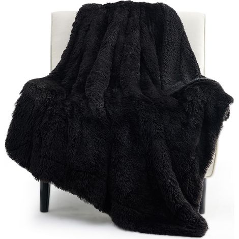 Couverture en fausse fourrure noire pelucheuse – Fausse fourrure pelucheuse, moelleuse et shaggy, Sherpa doux et épais, cadeau décoratif chaleureux et confortable, 127 x 152,4 cm, 640 g/m²