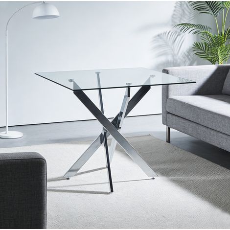 Esstisch 80x80x75 cm Silber aus Glas und Metall mit stabilem Kreuzfuß (1/5)