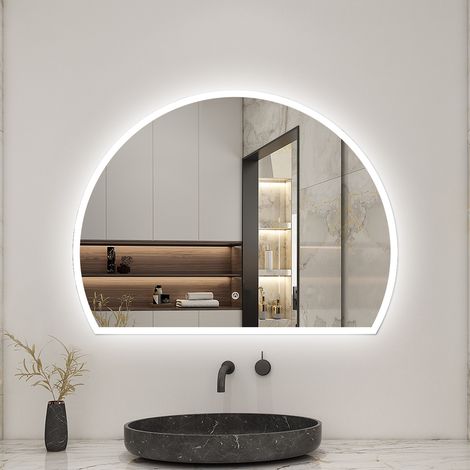 Miroir lumineux 3/4 de cercle 120x100cm avec Anti-Buée + 3 Couleurs + Dimmable + Mémoire