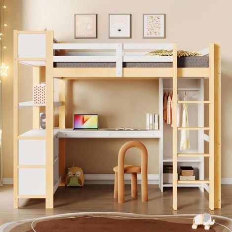 Lit mezzanine - KOMHTOM - 140 x 200 cm - Bureau intégré - Étagères et armoire - Garde-corps sécurité (1/5)