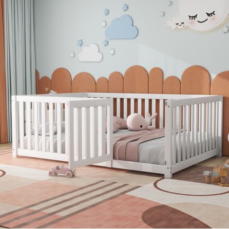 lit enfant couchage au sol 140x200 barriere bois blanc OKMYHOME (1/5)