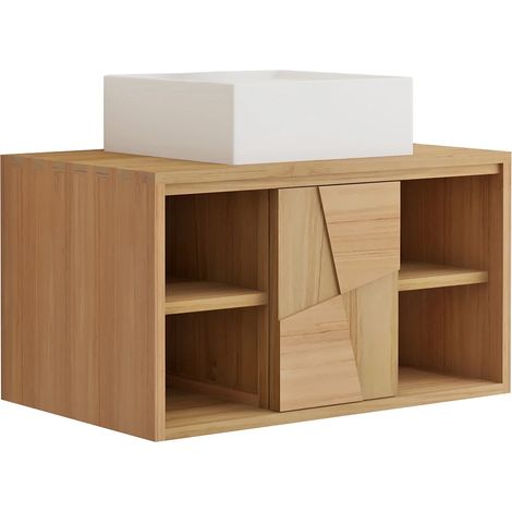 Mobile bagno sospeso in teak con lavabo da appoggio quadrato in ceramica L80 cm - SUMBAWA (1/5)
