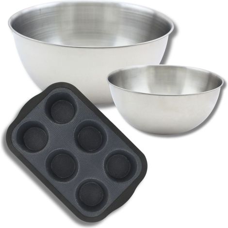 Lot de pâtisserie avec 1 Moule à muffins en silicone fibre de verre, 1 spatule Zenker et 2 bols à mixer en inox Fackelmann (1/5)