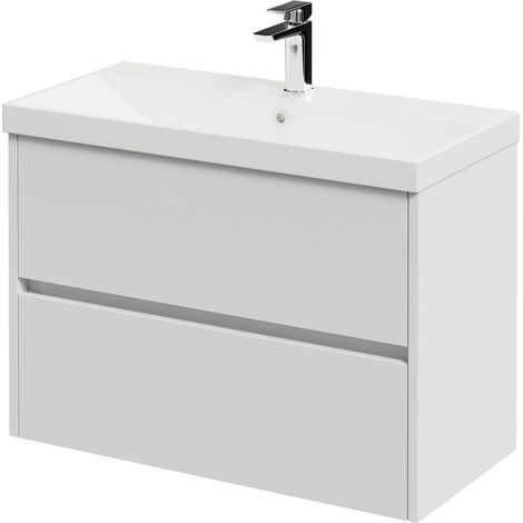 Montego Satin White 800mm 2 Drawer Wall Mounted Vanity Unit with Rimini Basin