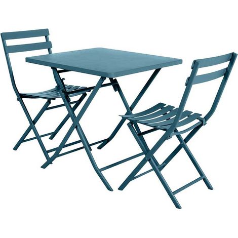 Salon de jardin carré en métal Greensboro 70 x 70 cm Bleu Canard avec 2 chaises - Hespéride (1/5)