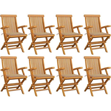 8 pcs Chaises de jardin avec coussins, Fauteuils Extérieur, Sièges confortable beige Bois de teck massif BGT56440