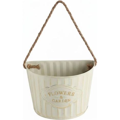 Jardinière Murale Fer Pot Suspendu Corde Solide Revêtement Antirouille Lettrage en Relief Adaptée à la Décoration de Maison Terrasse Jardin Salon, Blanc Cassé, L (1/5)