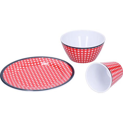 AB06010+BT009+CH62 Ensemble de vaisselle à salade de fruits à carreaux rouges, comprenant assiette, bol et vaisselle. (1/5)